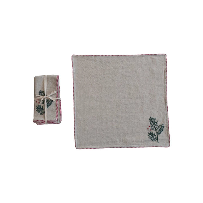 Cotton & Linen Napkins w/ Hand-Embroidered Holly & French Knots, Set of 4 | Creative Co-op