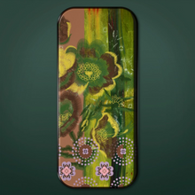 Load image into Gallery viewer, Long colorful tray on green background. Images of flowers on tray in shades of green, yellow, brown, pink, and purple.