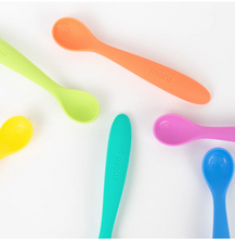 Load image into Gallery viewer, Several silicon baby spoons on white background in orange, green, blue, purple, and yellow