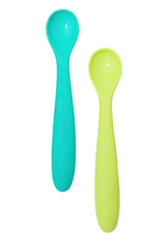 Load image into Gallery viewer, A blue and a green silicone baby spoon on white background