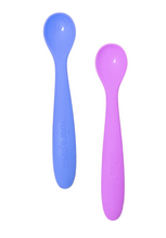 Load image into Gallery viewer, A dark blue and light purple silicone baby spoon on white background