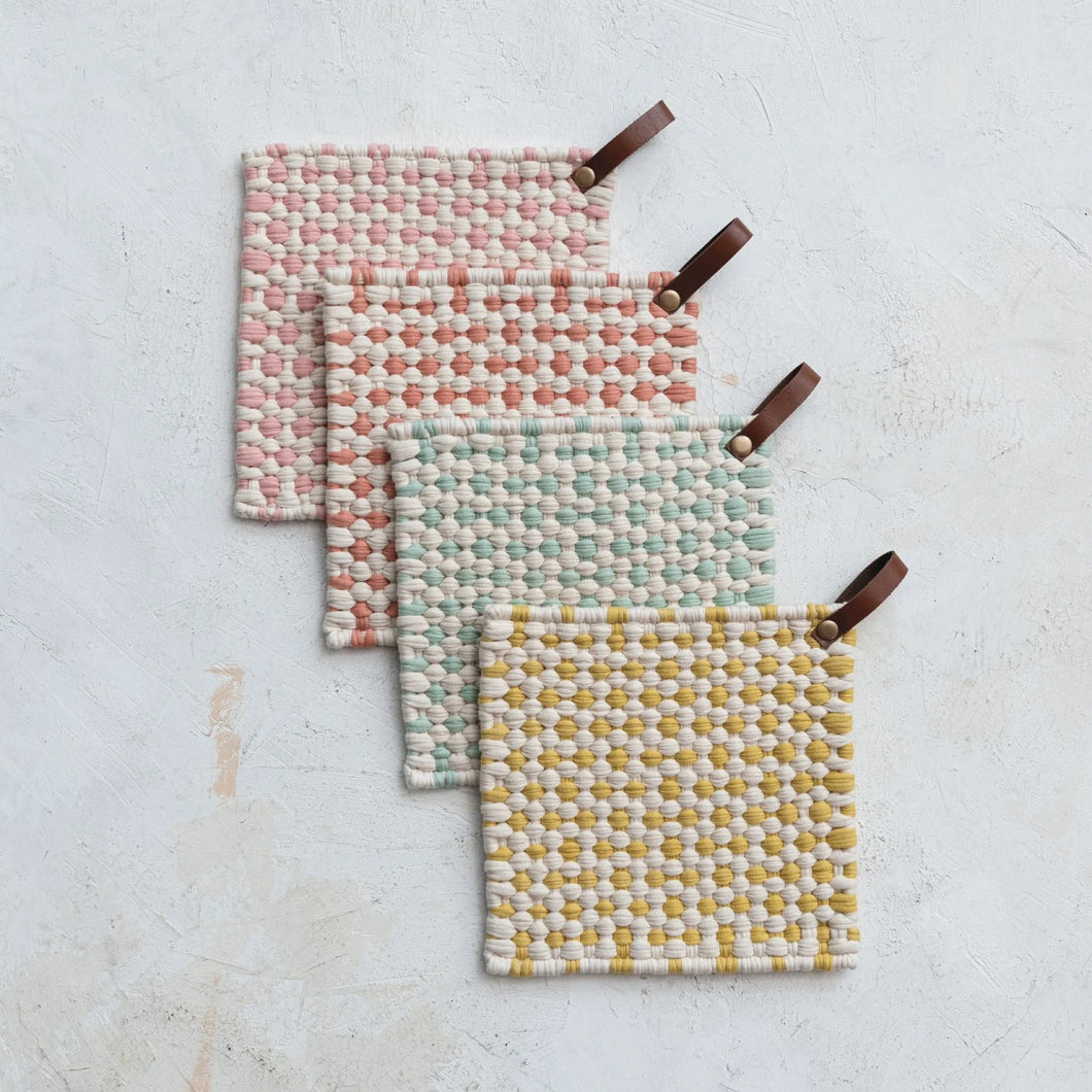 Cotton Crocheted Pot Holder w/ Leather Loop | Creative Co-op