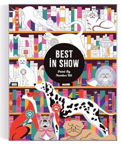 Front image of box reads "Best in Show, Paint by Number Kit" and shows several dogs, cats, and books colored and not colored in with bright blues, greens, oranges, and yellows