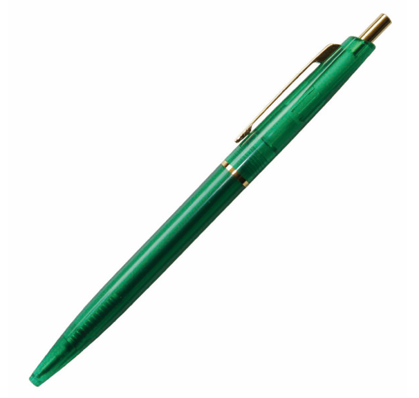 Clear green (translucent) ball point pen with gold ring in the middle of the pen, gold clip and button.